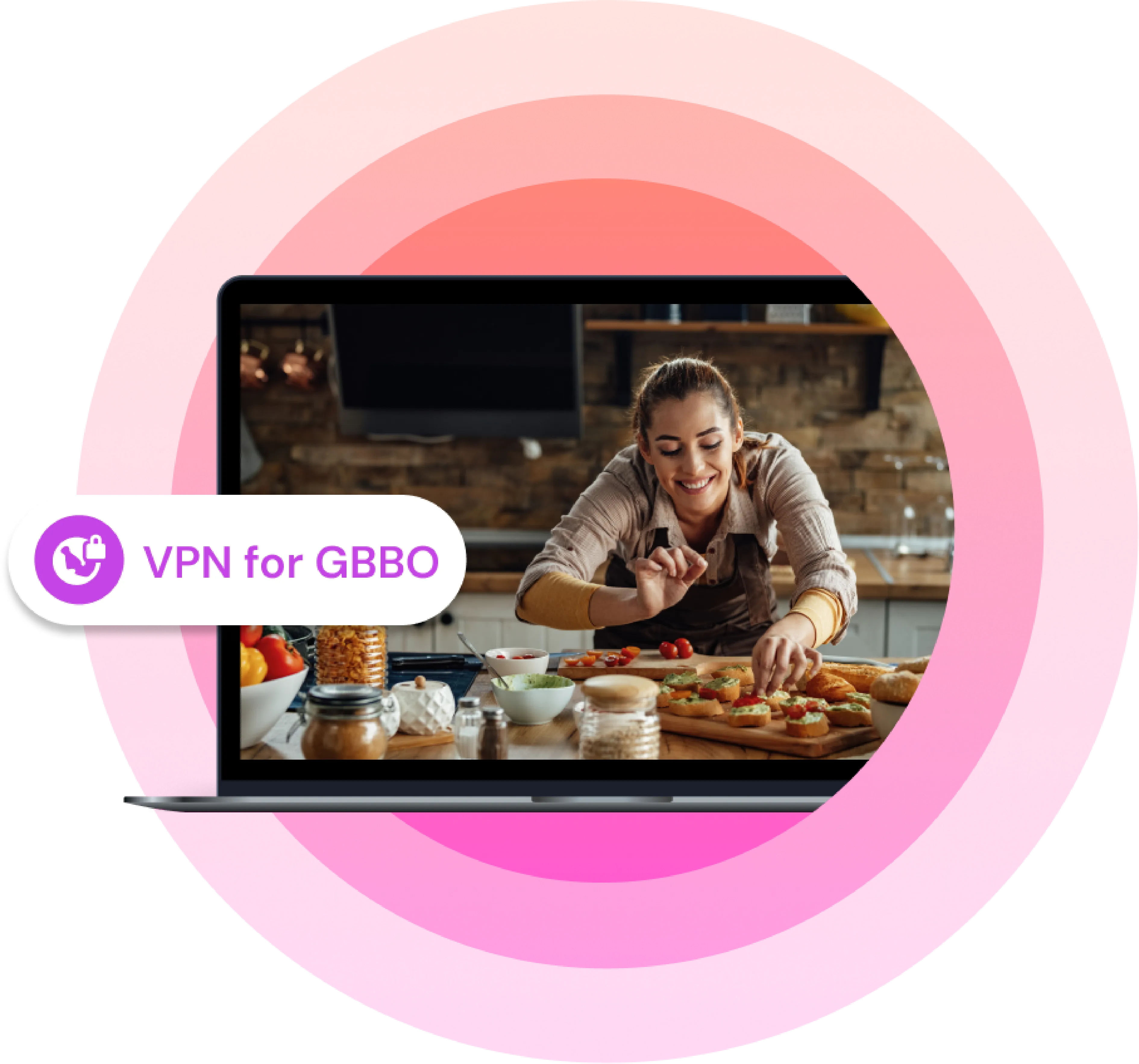 Laptop screen showing a woman preparing food in a kitchen, with cooking ingredients on a table and a ‘VPN for GBBO’ label overlaid.
